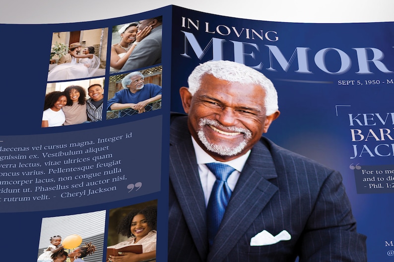 Enlarged view - Say goodbye to the traditional, regular funeral program with the Dawn Funeral Program Template for Canva (8 pages, 11x8.5 inches, bifold to 5.5x8.5 inches). This expressively designed Dawn blue celebration of life bi-fold brochure