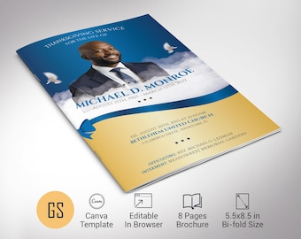 Blue Ribbon Funeral Program Template: Military 8 Page Bifold Memorial Obituary Canva (5.5x8.5) Digital