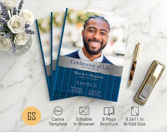 Blue & Silver Waves Funeral Program Template | Canva: 8-Page Bifold Memorial Obituary (8.5x11) Digital Download