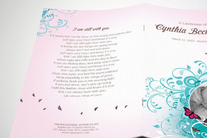 Teal Pink Funeral Program Template, Word Template, Publisher, Butterfly Celebration of Life, Obituary, 4 Pages, 5.5x8.5 in image 10