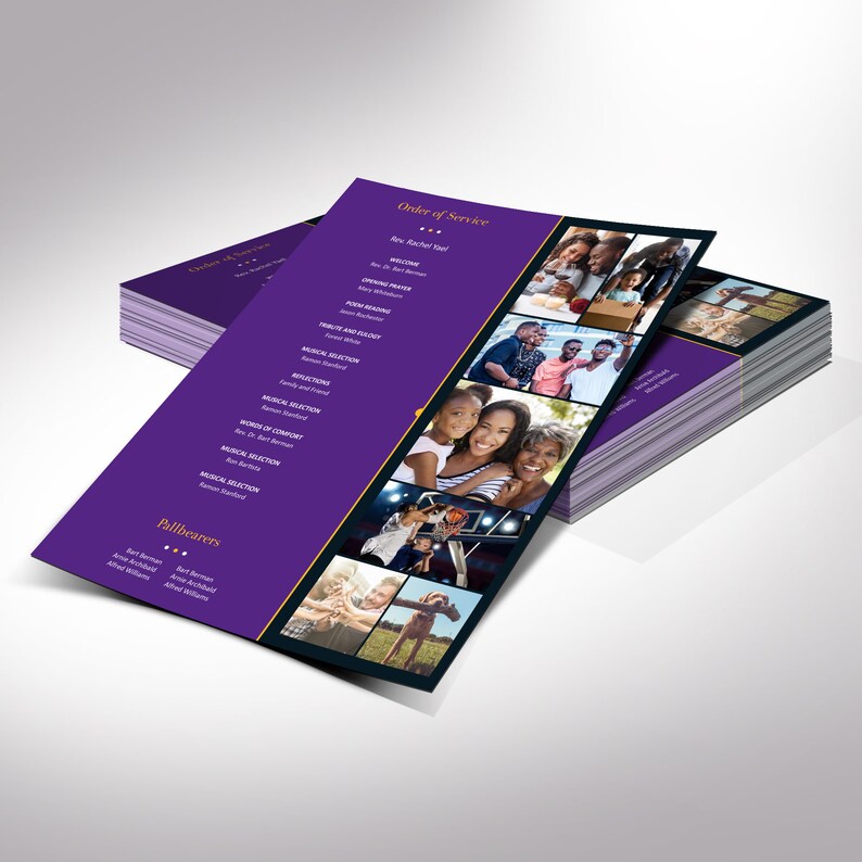 de Programme de funérailles or violet, Une feuille Word de référence, éditeur V1 Célébration de la vie 8,5 x 11 pouces image 3