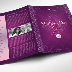 Mothers Day Gala Tabloid Program Template for Word and Publisher has 4 pages. The Banquet Program features a vintage purple decorative theme. The Church bulletin Print Size of 17x11 inches is Bi-Fold to 8.5x11 inches. Ideal program for Mothers Day