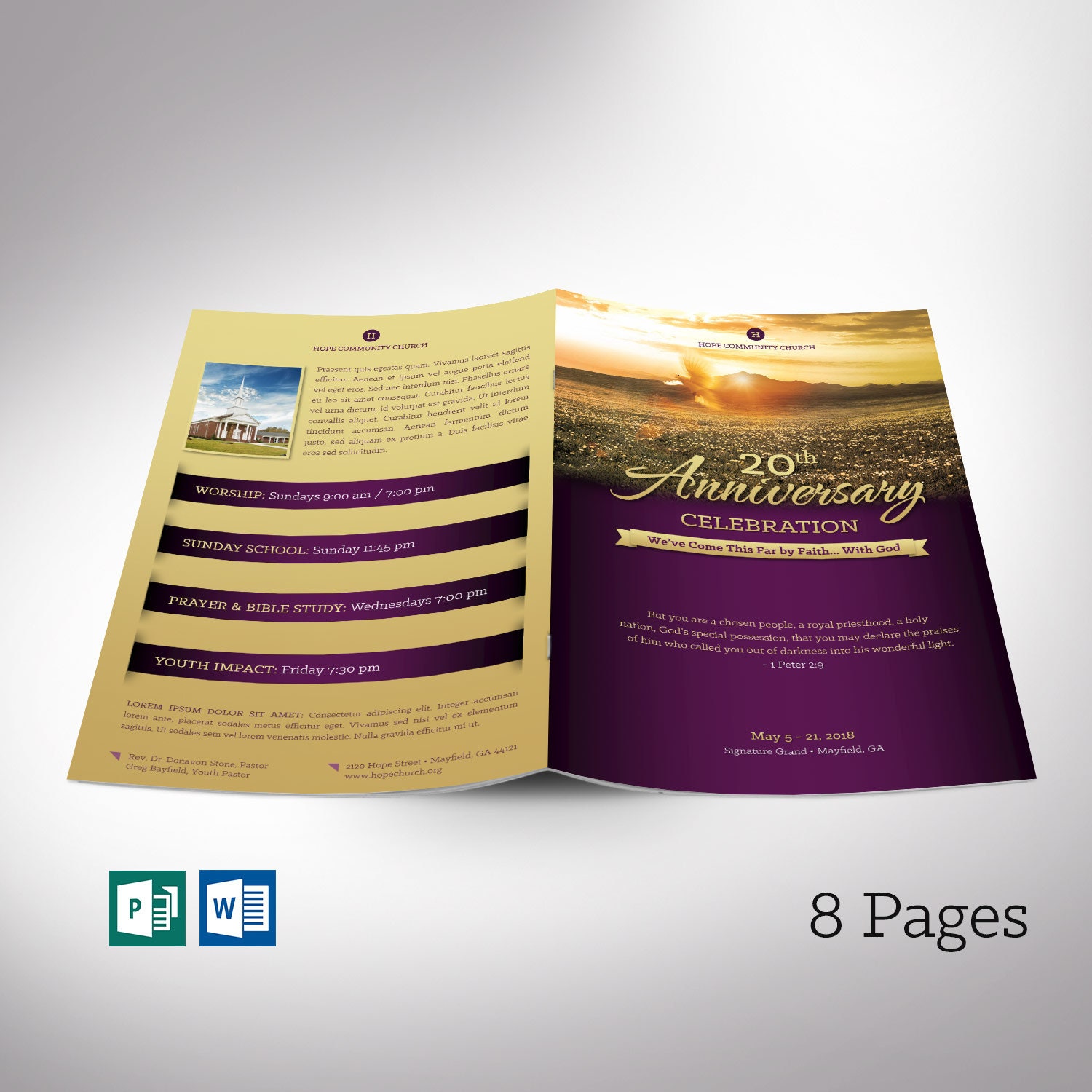 Church Anniversary Program Word Publisher Template  Gold Purple  20 Pages   Editable Colors  Print Size 20.20”x20”  Bi-Fold to 20.20”x20.20"” Intended For Free Church Brochure Templates For Microsoft Word