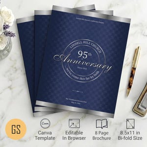 Church Anniversary Program Template: Blue & Silver, 8 Pages (Canva Editable)