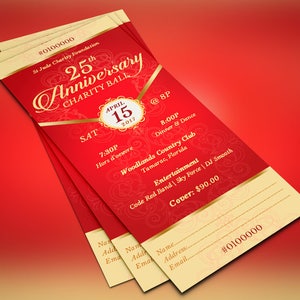 Red Gold Anniversary Banquet Ticket Template for Word and Publisher is 3x7 inches.  It features a deep red background and is highlighted with gold. Sections are included for perforation and numbering. This anniversary banquet ticket is for events