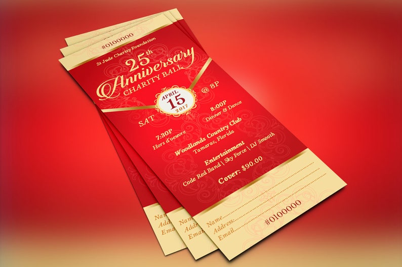 Red Gold Anniversary Banquet Ticket Template for Word and Publisher is 3x7 inches.  It features a deep red background and is highlighted with gold. Sections are included for perforation and numbering. This anniversary banquet ticket is for events