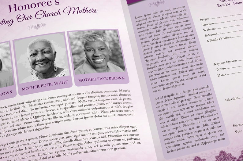 Mothers Day Gala Tabloid Program Template for Word and Publisher has 4 pages. The Banquet Program features a vintage purple decorative theme. The Church bulletin Print Size of 17x11 inches is Bi-Fold to 8.5x11 inches. Ideal program for Mothers Day