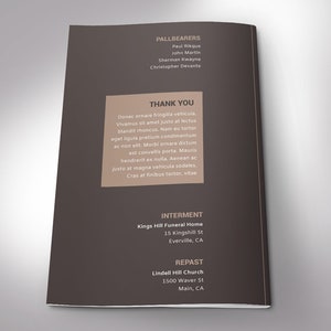 Capture the essence of your loved ones life with our Brown Funeral Program Template for Word and Publisher. This modern and stylish template features 8 pages, with a print size of 11x8.5 inches, elegantly folded to a bi-fold size of 5.5x8.5 inches.