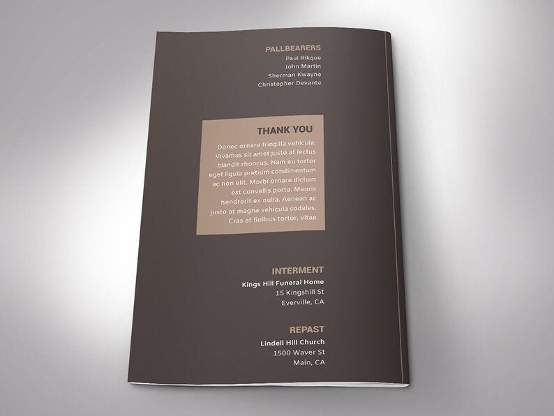 Capture the essence of your loved ones life with our Brown Funeral Program Template for Word and Publisher. This modern and stylish template features 8 pages, with a print size of 11x8.5 inches, elegantly folded to a bi-fold size of 5.5x8.5 inches.