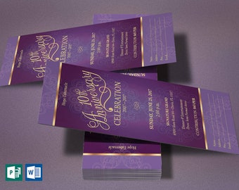 Purple Gold Church Anniversary | Word Template, Publisher Ticket Template, Church Anniversary, Gala Event, 3x7 inches