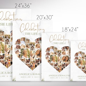 4 Sizes - Transform your cherished memories into a beautiful tribute with the Tropica Funeral Heart Photo Collage Template for Canva. This large funeral welcome sign features a Photo Heart Shape Collage that showcases your loved ones special moments