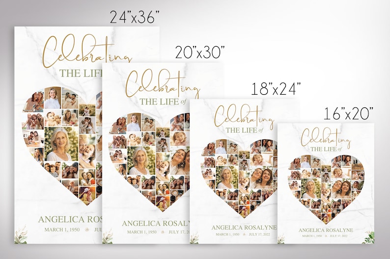 4 Sizes - Transform your cherished memories into a beautiful tribute with the Tropica Funeral Heart Photo Collage Template for Canva. This large funeral welcome sign features a Photo Heart Shape Collage that showcases your loved ones special moments