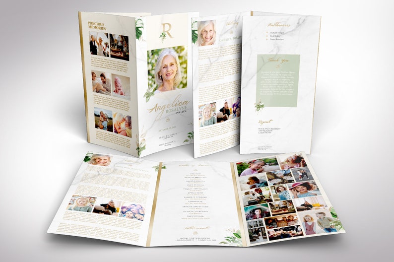 Tropica Tabloid Trifold Funeral Program Template for Word and Publisher is designed with green and gold, Tropical Florals, over a marble background. The ledger Print Size of 17x11 inches is Trifold to 5.75x11 inches. This celebration of life trifold