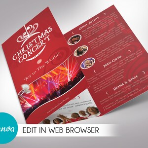 Könnte beinhalten: Eine dreifach gefaltete Broschüre in Rot mit einer weißen Ankündigung eines Weihnachtskonzerts. Das Deckblatt zeigt einen stilisierten Weihnachtsbaumschmuck und den Text "Weihnachtskonzert" und "Freude der Welt". Die Rückseite listet Gastkünstler, einen Massenchor und eine Theater- und Bühnenproduktion auf.