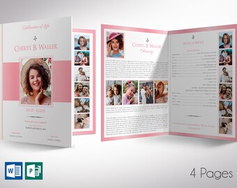 White Pink Tabloid Funeral Program Template | Word Template, Publisher | Celebration of Life | 4 Pages | 11x17 inches