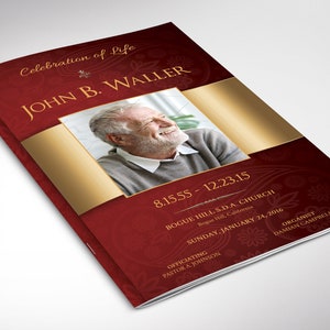 May include: A red and gold funeral program with a photo of a man and the text "Celebration of Life John B. Waller 8.15.55 - 12.23.15 Bogue Hills S.D.A. Church Bogus Hill California Sunday, January 24, 2016 Officiating Pastor A. Johnson Organist Damian Campbell"