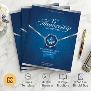 Blue and Silver Anniversary Gala Program Template | Canva: 8-Page Bifold Brochure (8.5x11) Digital Download