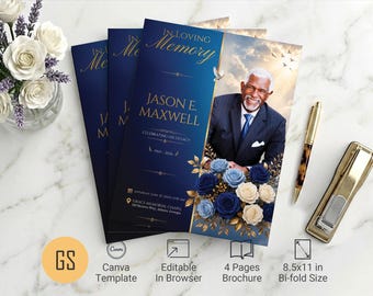Blue Rose Funeral Program Canva Template 4 Page Tabloid Memorial Obituary Booklet (11x17)