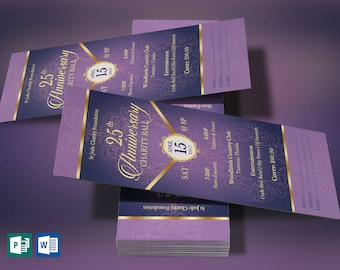 Word および Publisher 用の紫と金の記念宴会チケット テンプレート: Church Gala (3x7)