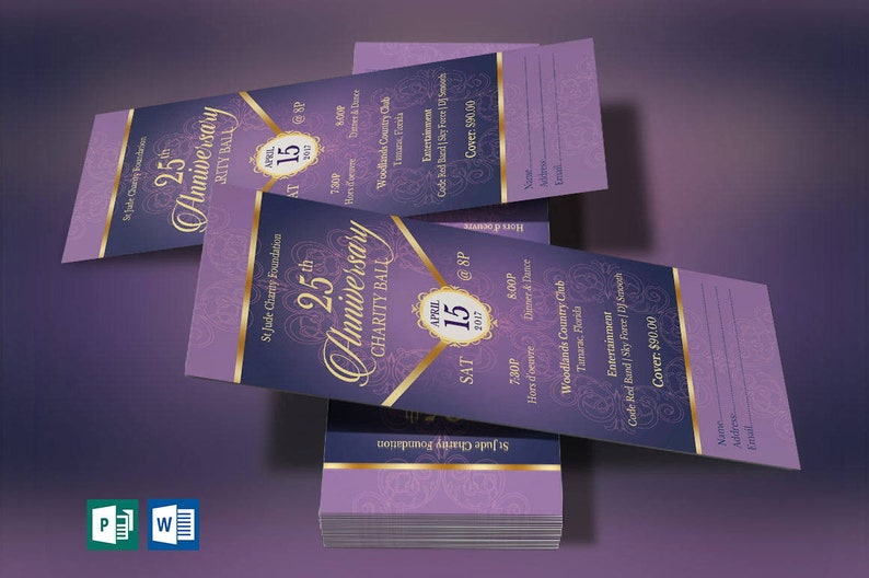 Purple Gold Anniversary Banquet Ticket Template, Word Template, Publisher, Church Anniversary, Gala Event, 3x7 inches image 1