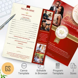 Plantilla para programa de aniversario de pastores para Canva, rojo dorado, aniversario de la iglesia, agradecimiento al pastor, programa de banquetes, 2 páginas, 2 tamaños