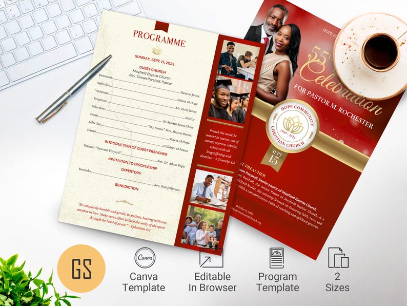 Pastor Anniversary Program Template: Red and Gold One Page Church ...