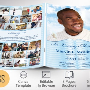 Baby Blue Funeral Program Template: Celebration of Life, Obituary (5.5x8.5 in, Canva, Digital Download)