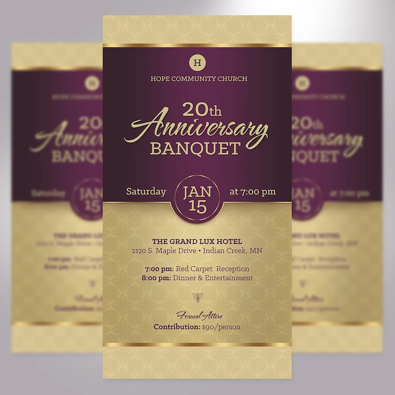 Purple Church Anniversary Banquet Ticket Template for Word and Publisher is 3×6 inches. The gold and purple colors used gives it a royal kingly theme that is attractive and elegant. This Banquet ticket or events ticket is for a church anniversary,