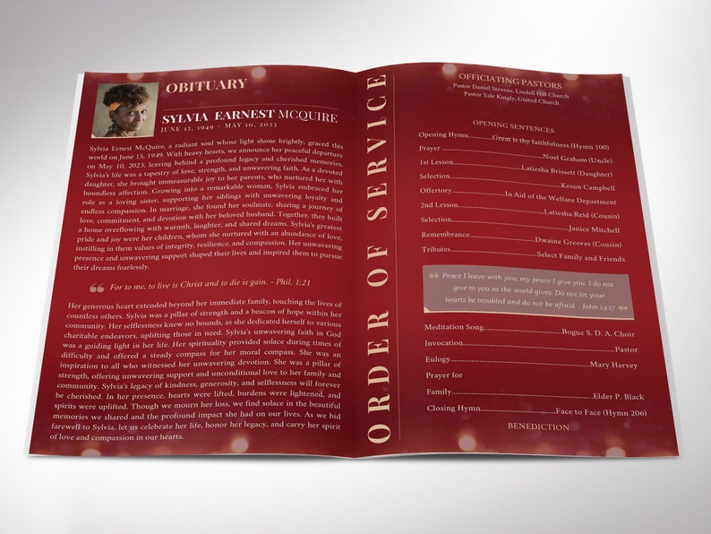 Red Gold Life Funeral Program Template, Canva Template, Magazine Style, Celebration of Life, 8 Pages, 5.5x8.5 in image 2