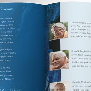 Close-up of the bi-fold brochure. A modern Celebration of Life bi-fold brochure that has blue and brown decals laid over a decorative blue marble background. The Print Size of 11x8.5 inches is Bi-fold to 5.5x8.5 inches.