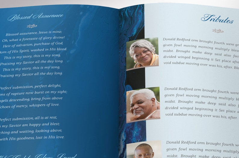 Close-up of the bi-fold brochure. A modern Celebration of Life bi-fold brochure that has blue and brown decals laid over a decorative blue marble background. The Print Size of 11x8.5 inches is Bi-fold to 5.5x8.5 inches.