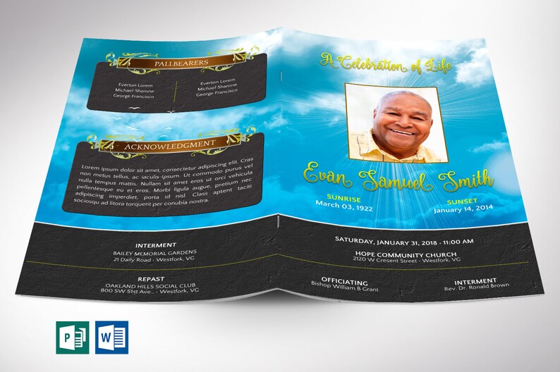 Blue Sky Funeral Program Template, Word Template, Publisher, Celebration of Life, Order of Service, 8 Pages, 5.5x8.5 in image 1