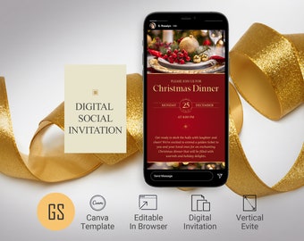 Red Gold Christmas Dinner Digital Invitation Template V2, Canva Template, Evite Invitation, Holiday Party