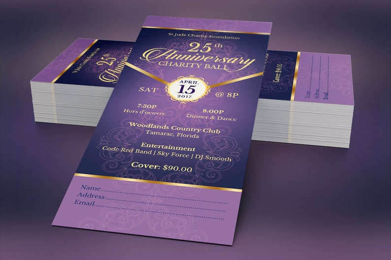 Purple Gold Anniversary Banquet Ticket Template, Word Template, Publisher, Church Anniversary, Gala Event, 3x7 inches image 9