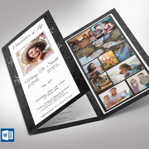 Conjunto de plantillas para programas funerarios en blanco y negro, Word y Publisher, Graystone, celebración de la vida, plantilla para obituario de mujeres, 11 x 8,5 pulgadas