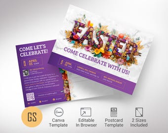Plantilla floral para postal de Pascua: invitación editable (Canva, descarga digital)