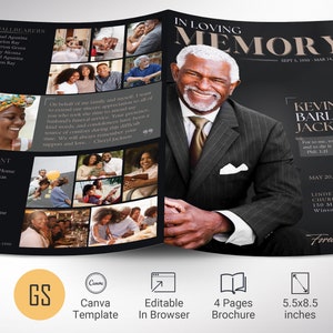 Plantilla de programa de funeral de Dawn para Canva, beige negro, estilo revista, celebración de la vida, plantilla de obituario para hombres, 4 páginas, 5,5 x 8,5 pulgadas