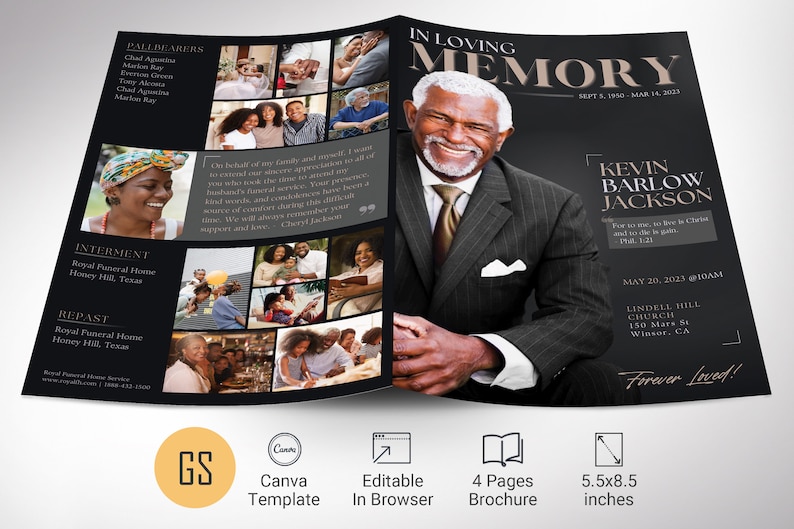 Dawn Funeral Program Template, Canva Template, Black Beige, Magazine Style, Celebration of Life, 4 Pages, 5.5x8.5 in image 1