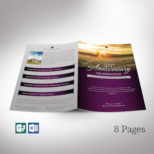 Op de afbeelding: Een paars en wit kerkprogramma voor een 20e jubileumviering. Het programma bevat de naam van de kerk, Hope Community Church, de datum van de viering, 5-21 mei 2018, en de locatie, Signature Grand, Mayfield, GA. Het programma bevat ook een schema van evenementen, waaronder eredienst, zondagsschool, gebed en bijbelstudie, en jeugdimpact.