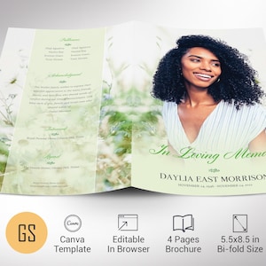 Plantilla de programa funerario "Amor Verde" para Canva, celebración de la vida, servicio conmemorativo, plantilla de obituario para mujeres, imprimible, 4 páginas (5.5 x 8.5 pulgadas)
