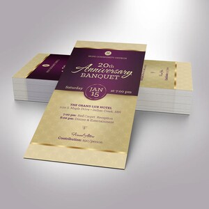 Purple Church Anniversary Banquet Ticket Template for Word and Publisher is 3×6 inches. The gold and purple colors used gives it a royal kingly theme that is attractive and elegant. This Banquet ticket or events ticket is for a church anniversary,