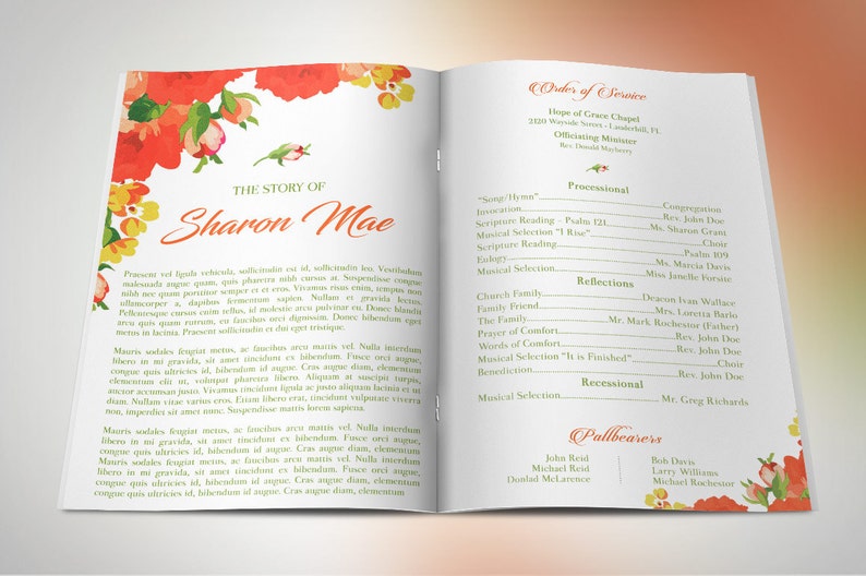 Orange Watercolor Funeral Program Template for Word and Publisher 4 Pages Bi-fold to 5.5x8.5 inches image 2