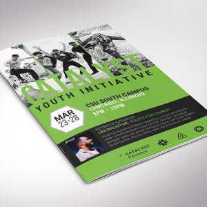 Catalyst Youth Conference Program Template for Canva. This 8-page church brochure features a bold green and black geometric design that’s modern and eye-catching. Measuring 11x8.5 inches flat and folding neatly into 5.5x8.5 inches,