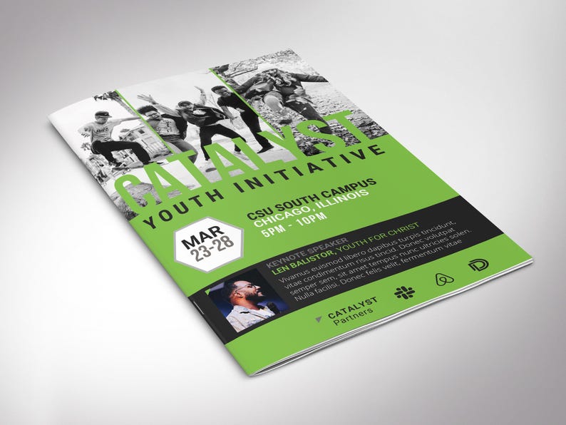 Catalyst Youth Conference Program Template for Canva. This 8-page church brochure features a bold green and black geometric design that’s modern and eye-catching. Measuring 11x8.5 inches flat and folding neatly into 5.5x8.5 inches,