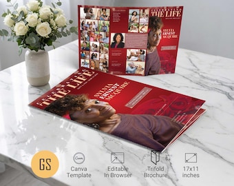 Red Bokeh Funeral Program Template: 11x17 Tabloid Trifold Rose Memorial Obituary Canva (Digital Download)
