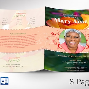 Red Rose Funeral Program Template: Celebration of Life, 8 Pages, Digital Download