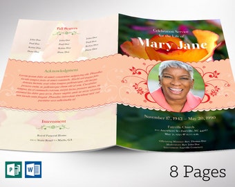 Yellow Rose Funeral Program Template | Word& Publisher: 8-Page Bifold Memorial Obituary (5.5x8.5) Digital Download