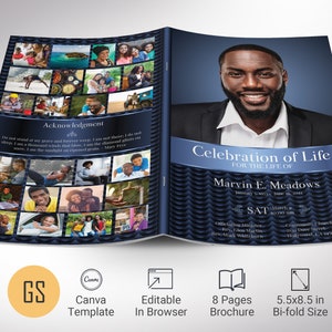 May include: A blue and black 8-page funeral program brochure with a photo of a man on the front cover. The text on the front cover reads "Celebration of Life" and "Marvin E. Meadows". The brochure is 5.5x8.5 inches and is a Canva template.