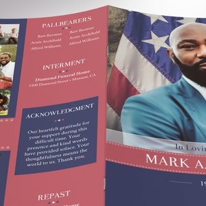 Front Cover Large view - American Military Funeral Program Canva Template - V4. is 11x8.5 inches and bifold to 5.5x8.5 inches. This meticulously crafted 8-page bi-fold program pays tribute to those who have served our nation