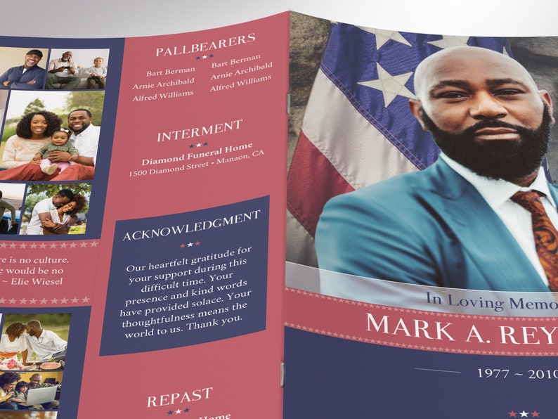 Front Cover Large view - American Military Funeral Program Canva Template - V4. is 11x8.5 inches and bifold to 5.5x8.5 inches. This meticulously crafted 8-page bi-fold program pays tribute to those who have served our nation